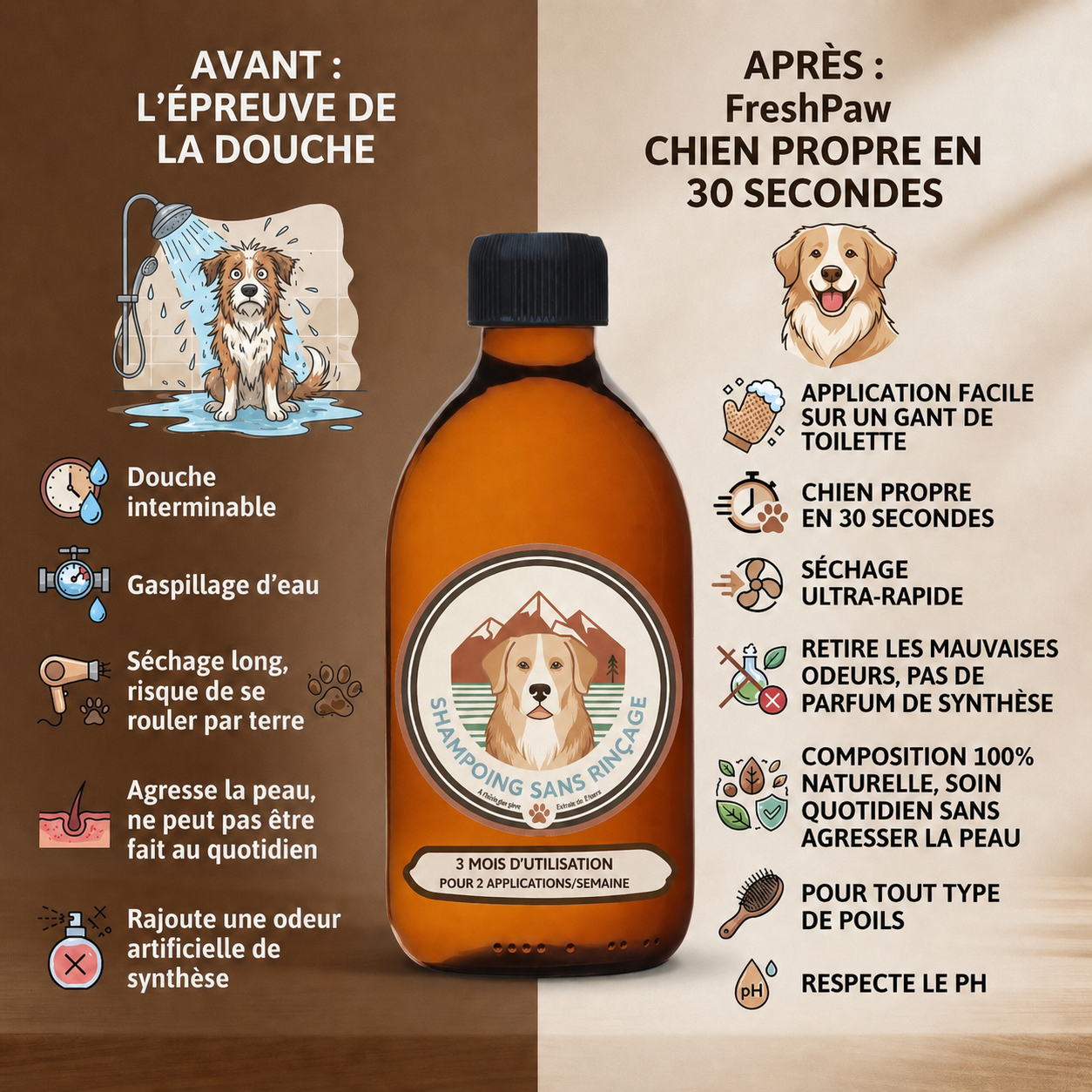 FreshPaw™ – Shampoing nettoyant sans rinçage - Apaisant pour chien